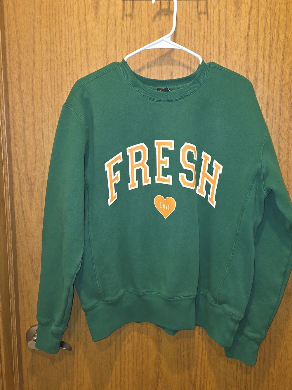 Green 'FRESH' Graphic Crewneck Sweatshirt with Orange Accent